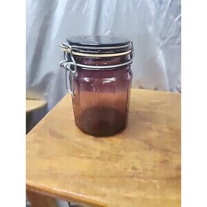 Vintage  amathyst purple Glass Jar Canister Airtight Locking Hinge Lid 5.5"